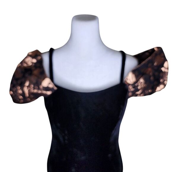 Vintage 80s Puff Sleeve Velvet Party Dress Womens Size XS Black Gold - Picture 2 of 6